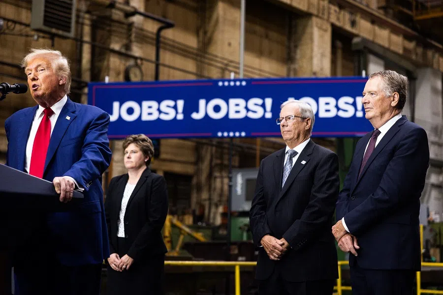 Republican Presidential nominee, former president Donald J. Trump remarks during a campaign event at Precision Custom Components on 19 August 2024 in York, Pennsylvania.  (Tierney L. Cross/Getty Images via AFP)