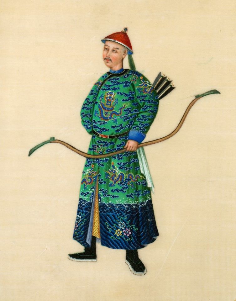 A 19th century Chinese pith painting for export sale, showing a Manchurian warrior. These tribal people were good at riding and archery.