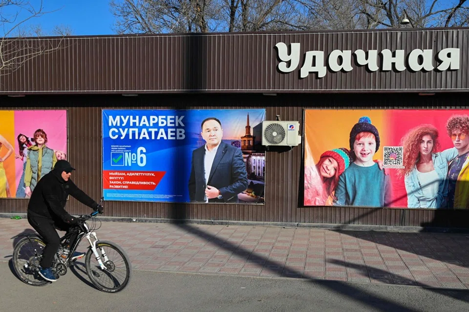 A photograph shows street campaigning for the upcoming Kyrgyzstan's snap parliamentary elections in Bishkek on 27 November 2025. (Guliza Urustambek Kyzy/AFP)