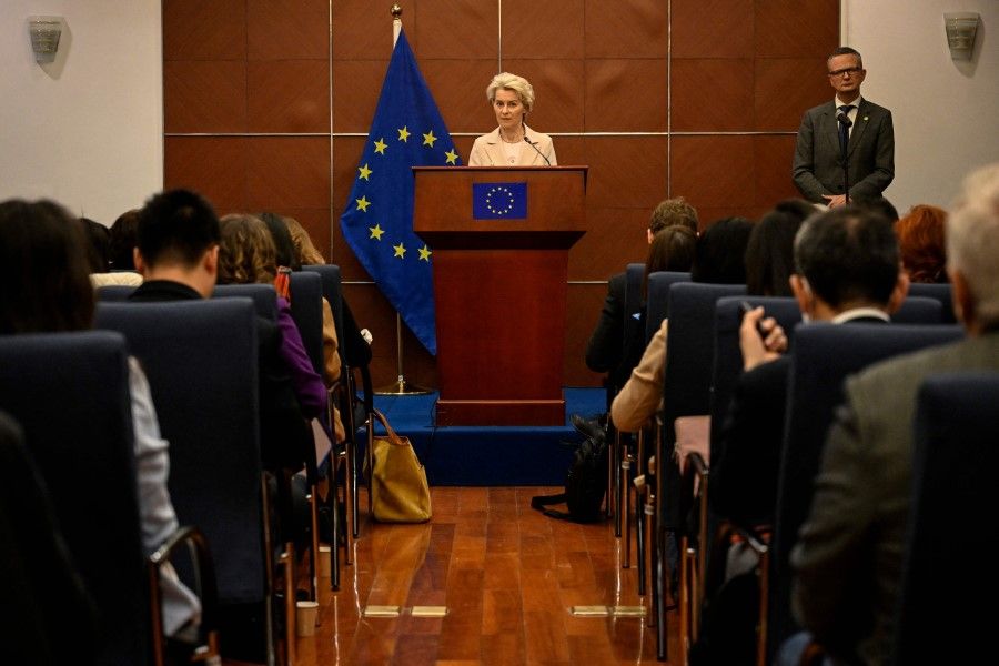 European Commission President Ursula von der Leyen (centre) speaks at a press conference after a meeting with Chinese President Xi Jinping and France's President Emmanuel Macron, at the EU Delegation to China in Beijing on 6 April 2023. (Jade Gao/AFP)