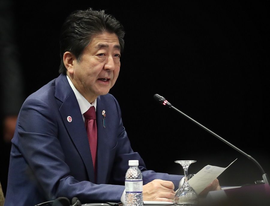 Japan Prime Minister Shinzo Abe speaking at the 21st ASEAN-Japan Summit on 14 November 2018. (SPH Media)
