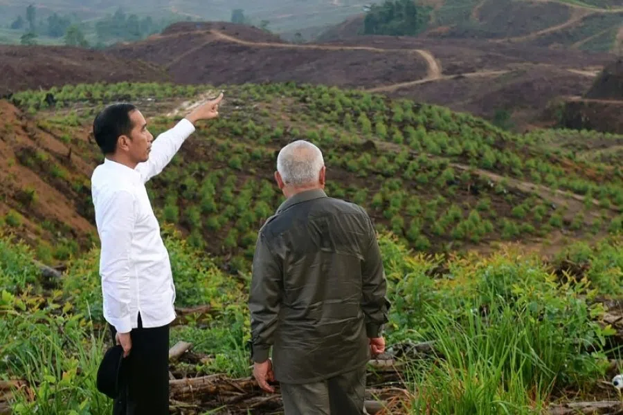 This file handout picture taken and released on 17 December 2019 by the Indonesian Presidential Palace shows Indonesia's President Joko Widodo (left) during his visit to North Penajam Paser district near Sepaku in East Kalimantan, where the government plans to build its new capital city replacing Jakarta. (Handout/Indonesian Presidential Palace/AFP)