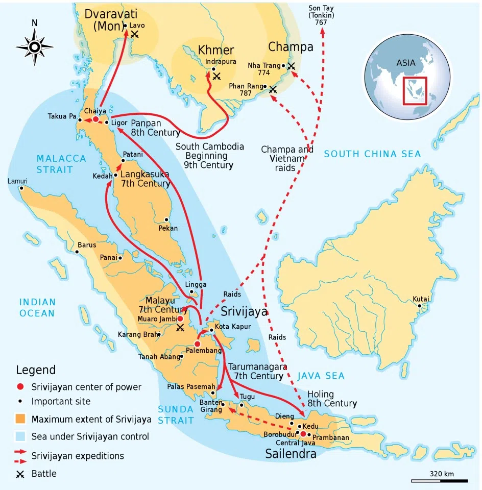 Maximum extent of Srivijaya empire around the 8th century, expanding from Sumatra, Central Java, to the Malay peninsula. (Photo: Gunawan Kartapranata/Licensed under CC BY-SA 3.0)