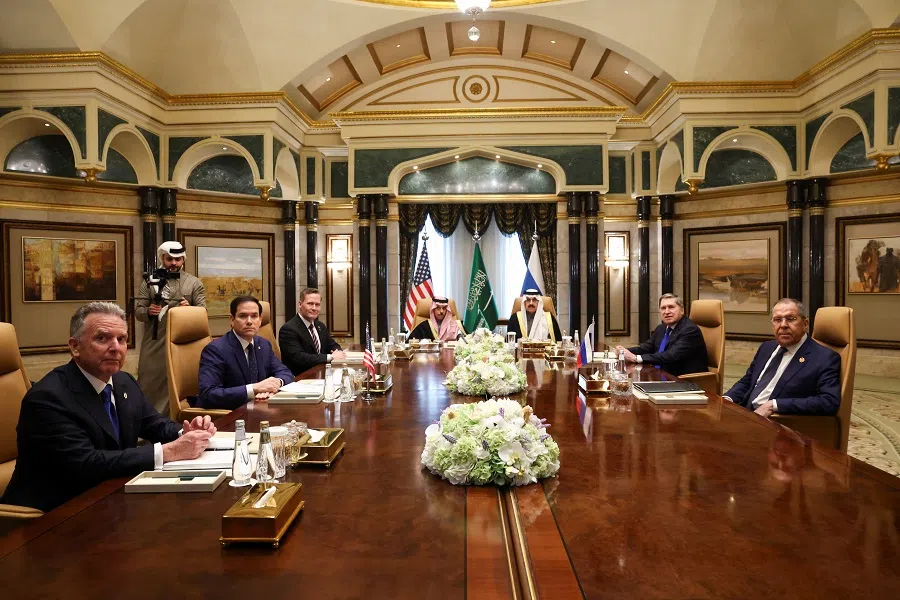US Secretary of State Marco Rubio meets with Saudi Foreign Minister Prince Faisal bin Farhan Al Saud, Saudi national security adviser Mosaad bin Mohammad Al-Aiban, US national security adviser Mike Waltz, US Middle East envoy Steve Witkoff, Russian Foreign Minister Sergey Lavrov and Russian President Vladimir Putin’s foreign policy adviser Yuri Ushakov, at Diriyah Palace, in Riyadh, Saudi Arabia, on 18 February 2025.