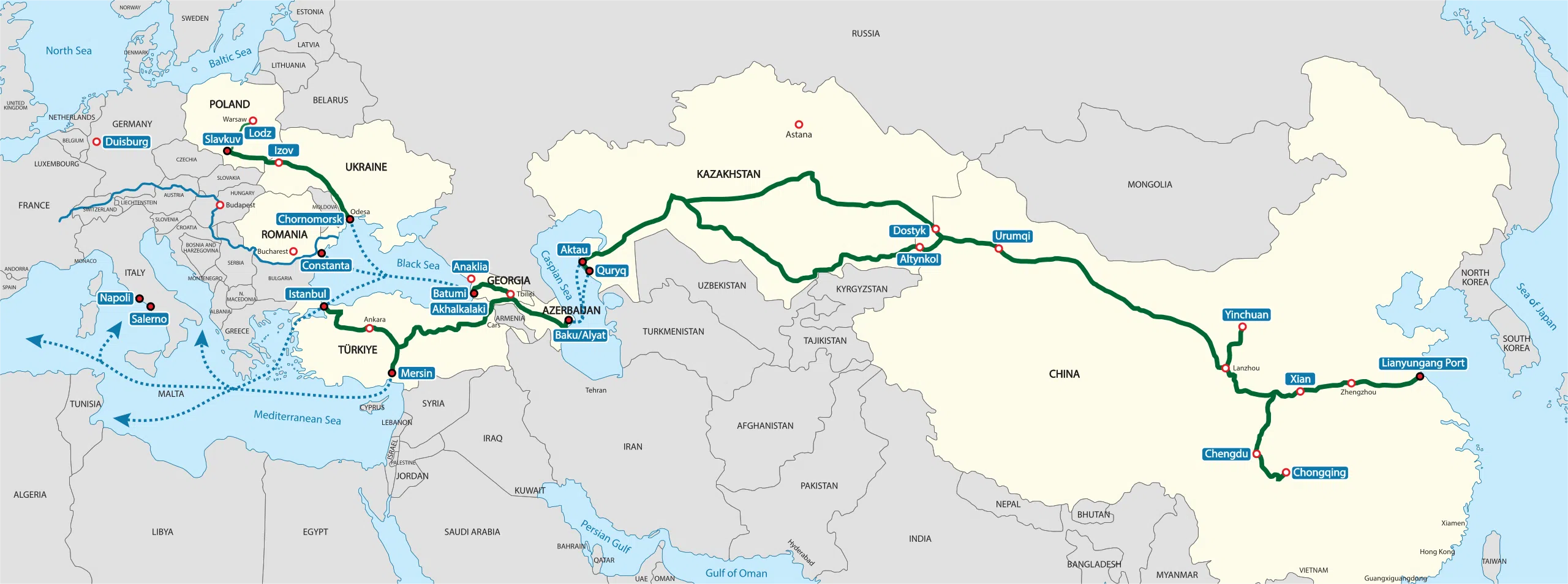 A map of the Trans-Caspian International Transport Route. (Image: Tanvir Anjum Adib/Licensed under CC BY-SA 4.0)