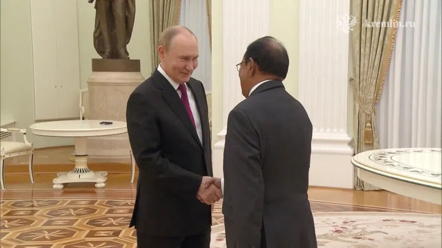Russia’s President Vladimir Putin greets India’s National Security Adviser Ajit Doval during a meeting at the Kremlin in Moscow, Russia, on 7 August 2025, in this still image taken from video. (Kremlin.ru/Handout via Reuters)