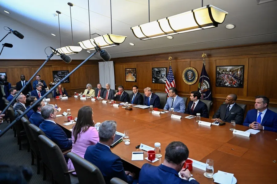 US President Donald Trump and members of his administration participate in a cabinet meeting at Camp David in Thurmont, Maryland, US, 31 July 2026.
