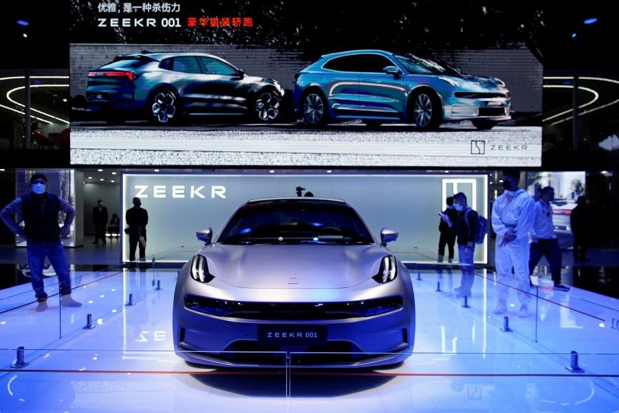 A Zeekr 001 electric vehicle (EV) by Geely is seen displayed at the Zeekr booth during a media day for the Auto Shanghai show in Shanghai, China, 19 April 2021. (Aly Song/File Photo)