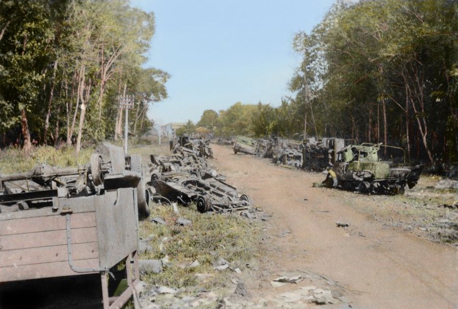 Singapore's cityscape and rural areas bore the scars of the war's fierce fights. After the British defeat, the roads were lined with abandoned and destroyed military vehicles.