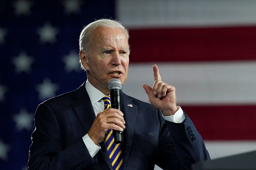 US President Joe Biden gestures as he speaks, during his visit to Cleveland, Ohio, US, 6 July 2022. (Kevin Lamarque/Reuters)