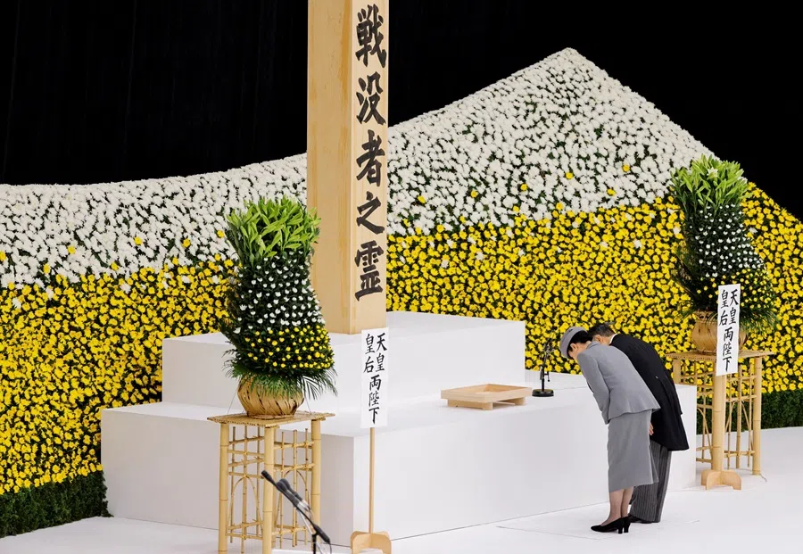Japan’s Emperor Naruhito and Empress Masako bow during a memorial service ceremony marking the 80th anniversary of Japan’s surrender in World War Two, at Budokan Hall, in Tokyo, Japan, on 15 August 2025. (Manami Yamada/Reuters)