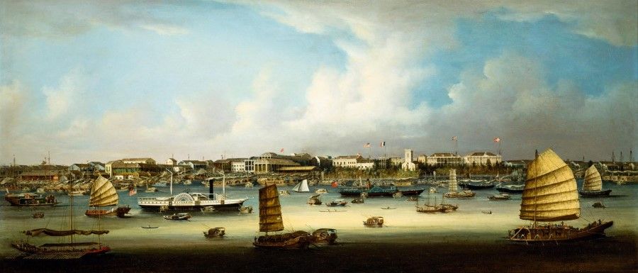 View of the Canton River, showing the Thirteen Factories in the background, 1850-1855. (Wikimedia)