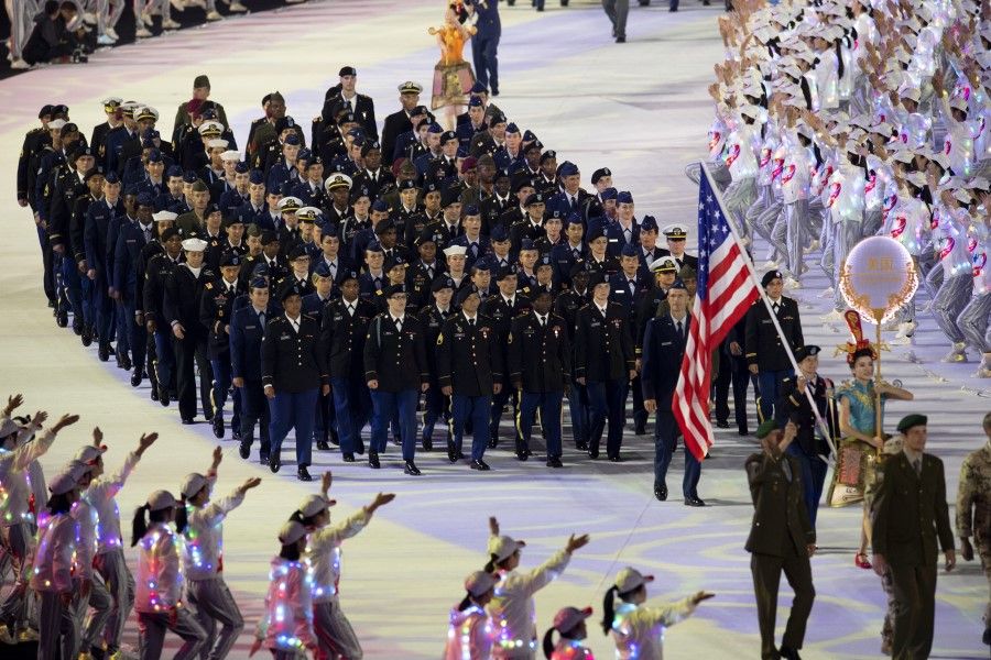 The US Armed Forces team marches during opening ceremonies for the 2019 Military World Games in Wuhan, October 18, 2019. Chinese authorities have suggested that US troops may have brought in the virus to Wuhan at the time. (EJ Hersom/US Department of Defense)