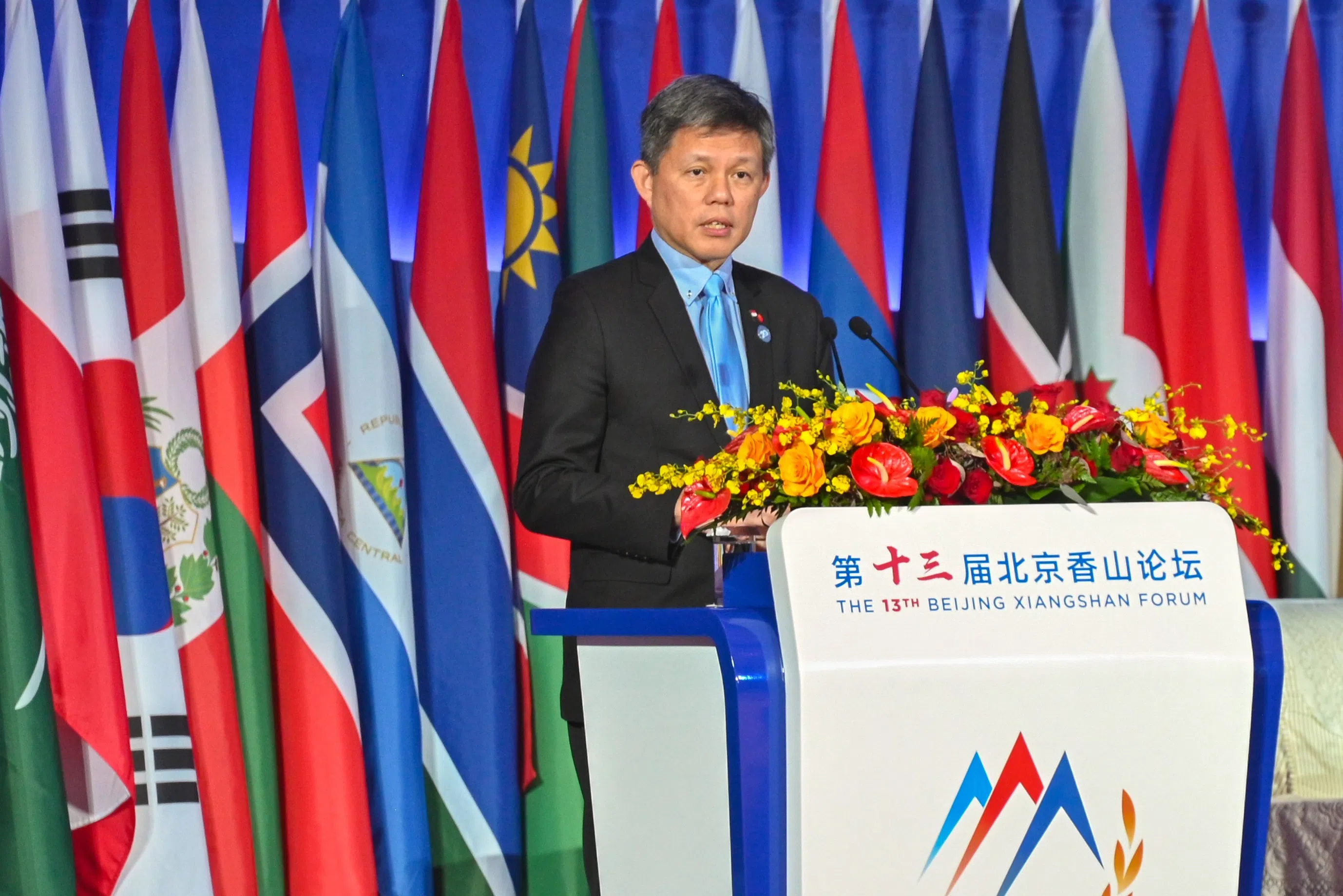 Singapore Defence Minister Chan Chun Sing delivering his speech at the 13th Beijing Xiangshan Forum on 16 September 2026.