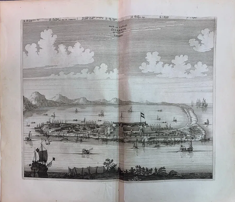 A 17th-century Dutch depiction of Fort Zeelandia in Tainan, a military fortress built by the Dutch.
