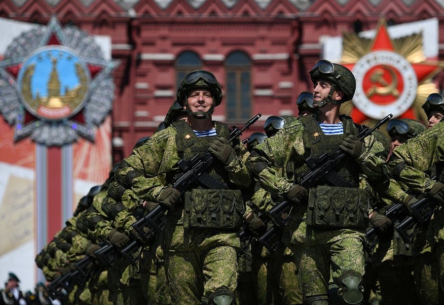 Russian servicemen march during the Victory Day Parade in Red Square in Moscow, Russia, on 24 June 2020. The military parade marks the 75th anniversary of the victory over Nazi Germany in World War II. (Host photo agency/Ramil Sitdikov via Reuters)