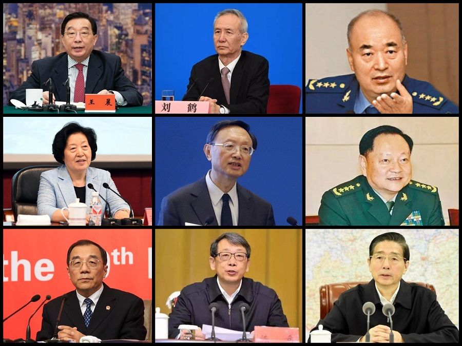 Current Politburo members aged 68 and above. From left: (top row) Wang Chen, Liu He and Xu Qiliang; (middle row) Sun Chunlan, Yang Jiechi and Zhang Youxia; (bottom row) Yang Xiaodu, Chen Xi and Guo Shengkun. (Internet)