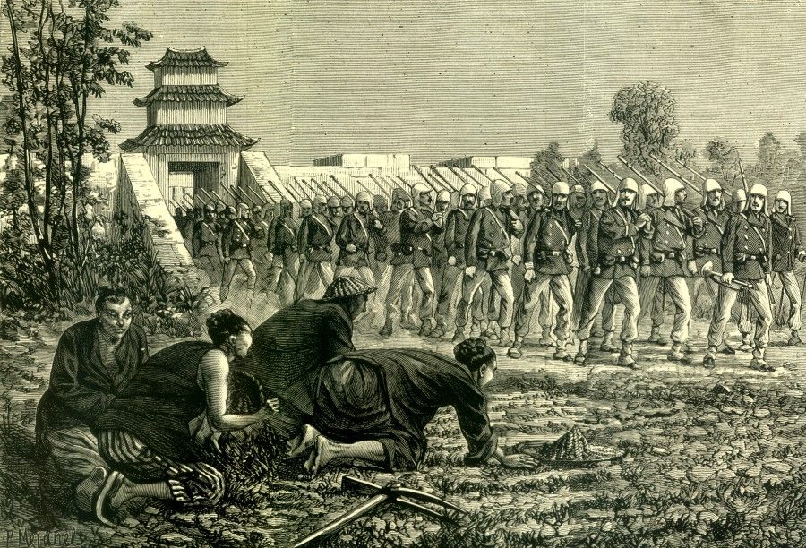 A picture in French publication L'Illustration, 1884, showing North Vietnamese civilians paying obeisance to advancing French troops. The French army threatened the Vietnamese emperor at Hue, who asked China for military assistance.