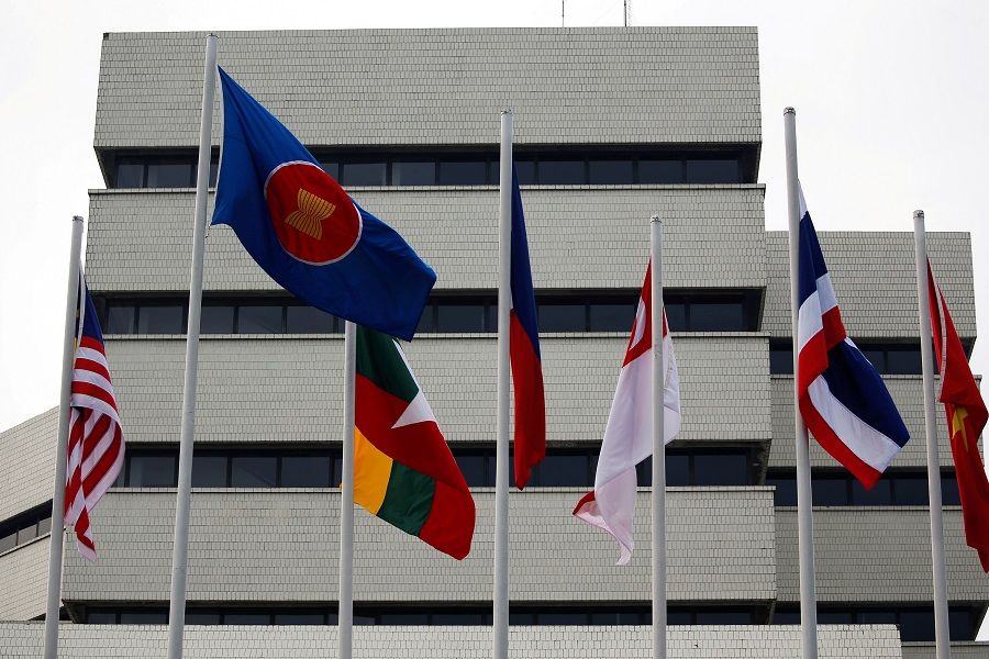 Flags are seen outside the Association of Southeast Asian Nations (ASEAN) secretariat building, ahead of the ASEAN leaders' meeting in Jakarta, Indonesia, 23 April 2021. (Willy Kurniawan//File Photo/Reuters)