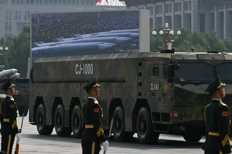 A CJ-1000 cruise missile is seen during a military parade marking the 80th anniversary of victory over Japan and the end of World War II, in Beijing’s Tiananmen Square on 3 September 2025. (Greg Baker/AFP)