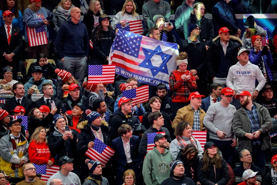 The crowd reacts after an attendee shouted “Free Palestine” on the inauguration day of Donald Trump’s second presidential term, inside Capital One arena, in Washington, US, on 20 January 2025. (Brian Snyder/Reuters)