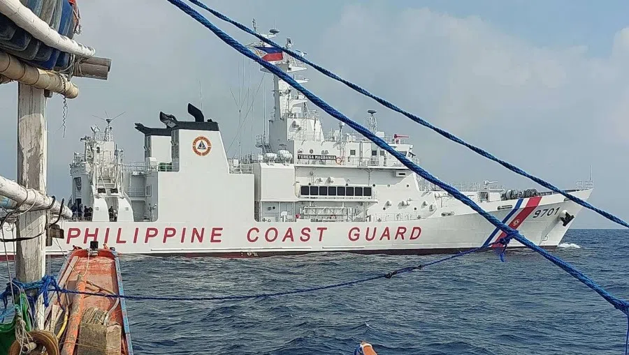 The Philippine Coast Guard's flagship vessel BRP Terersa Magbanua patrols the Spratly Islands in the South China Sea on February 9, 2023. (Philippines Coast Guard)