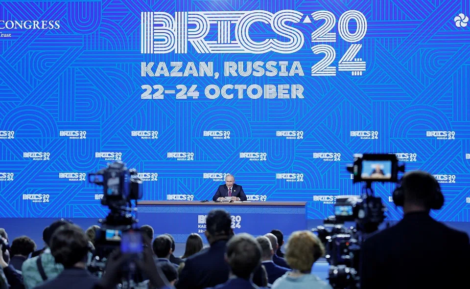 Russian President Vladimir Putin attends a press conference at the BRICS summit in Kazan, Russia, on 24 October 2024. (Maxim Shemetov/Reuters)