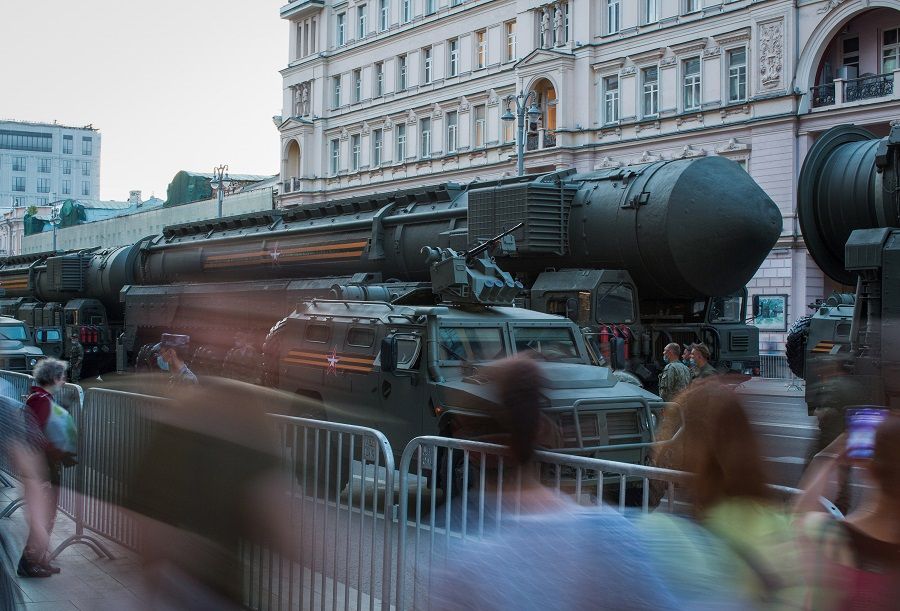 A vehicle transports a RS-24 Yars strategic nuclear missile along a street during a Victory Day rehearsal in Moscow, Russia, on 17 June 2020. (Andrey Rudakov/Bloomberg)