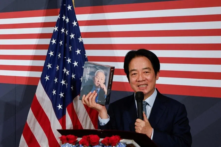 Taiwan’s President Lai Ching-te holding a two-volume autobiography of TSMC founder Morris Chang,  at a reception celebrating the upcoming US Independence Day, in Taipei, Taiwan, on 27 May 2026.