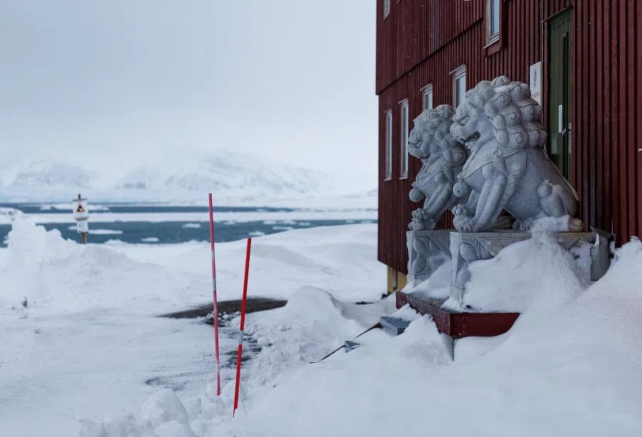 Lion statues decorate the entrance of China's Yellow River scientific station in Ny-Aalesund, Svalbard, Norway, on 6 April 2023. (Lisi Niesner/Reuters)