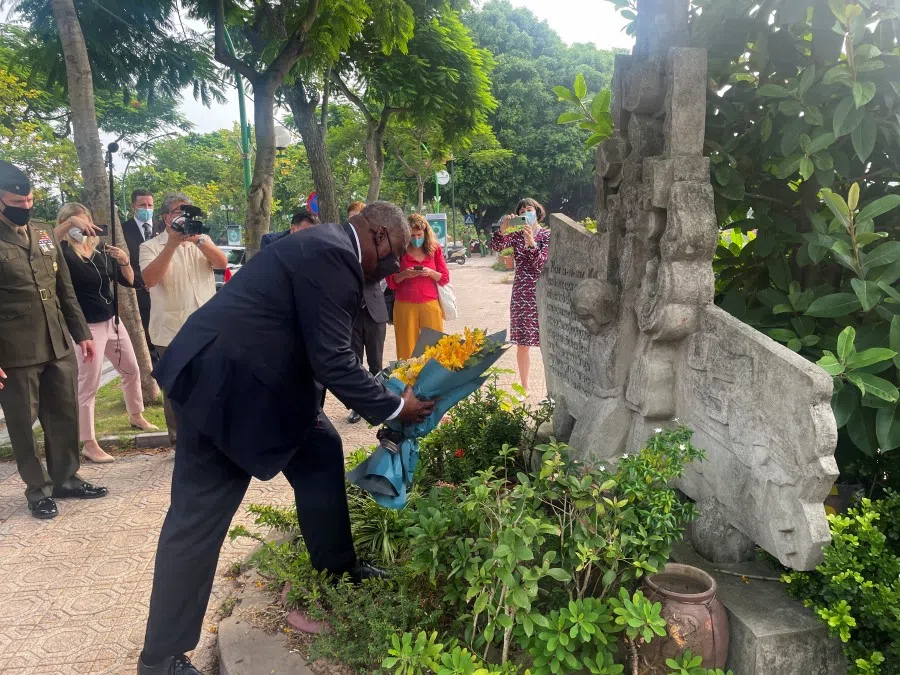 US Defence Secretary Lloyd Austin visits the site where late US Senator John McCain's plane was shot down on 26 October 1967 in Hanoi, Vietnam, 29 July 2021. (Idrees Ali/Reuters)