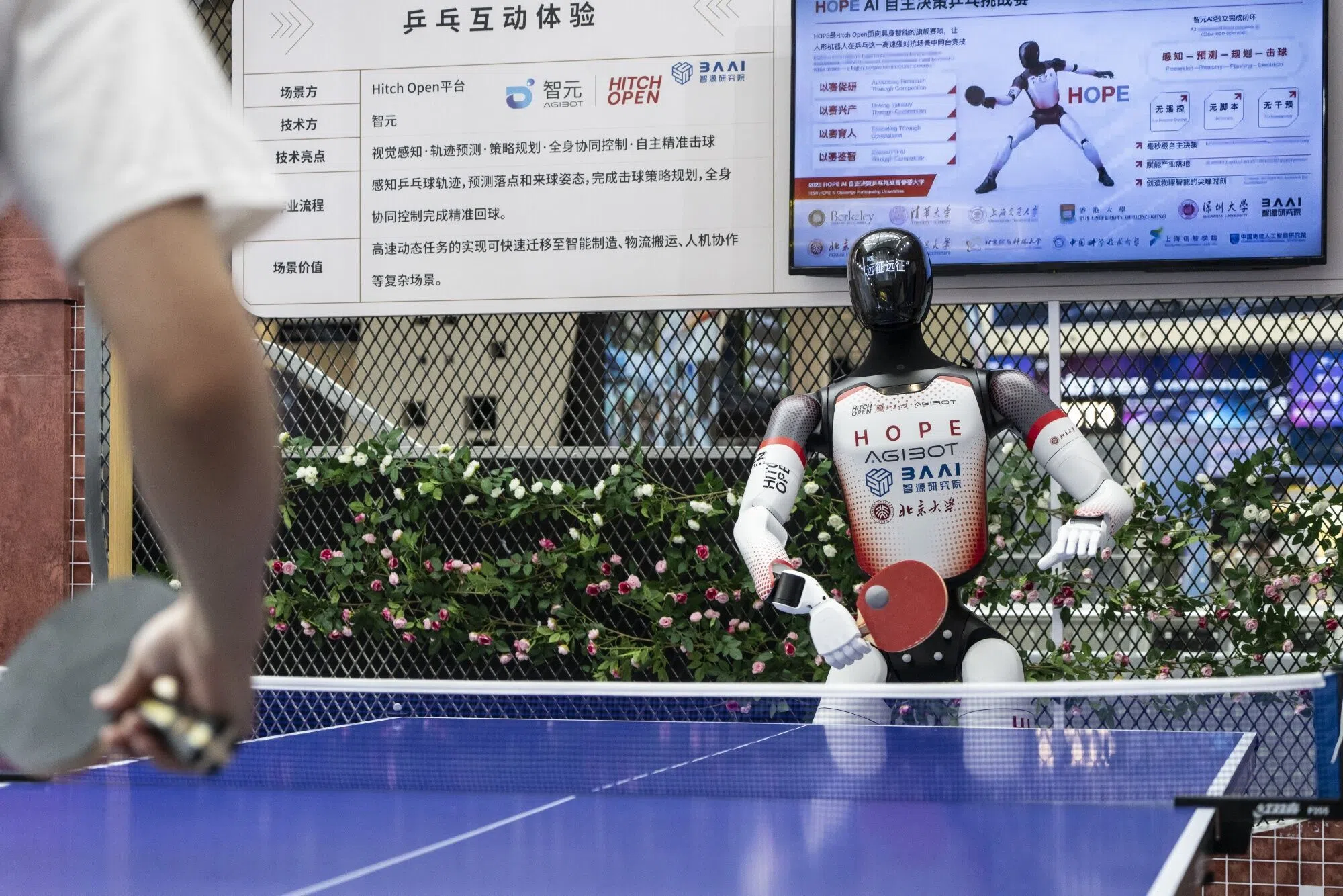 An Agibot humanoid robot plays a round of ping pong with a worker during a media preview of the World AI Conference (WAIC) in Shanghai, China, 16 July 2026.