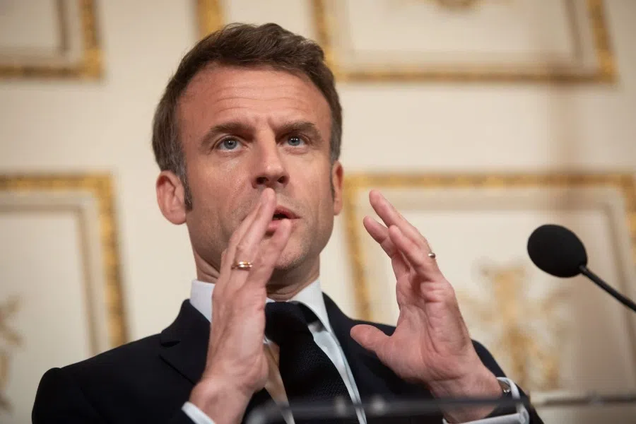 Emmanuel Macron, France's president, during a joint news conference with Mark Rutte, Netherlands' prime minister, not pictured, in Amsterdam, Netherlands, on 12 April 2023. (Peter Boer/Bloomberg)