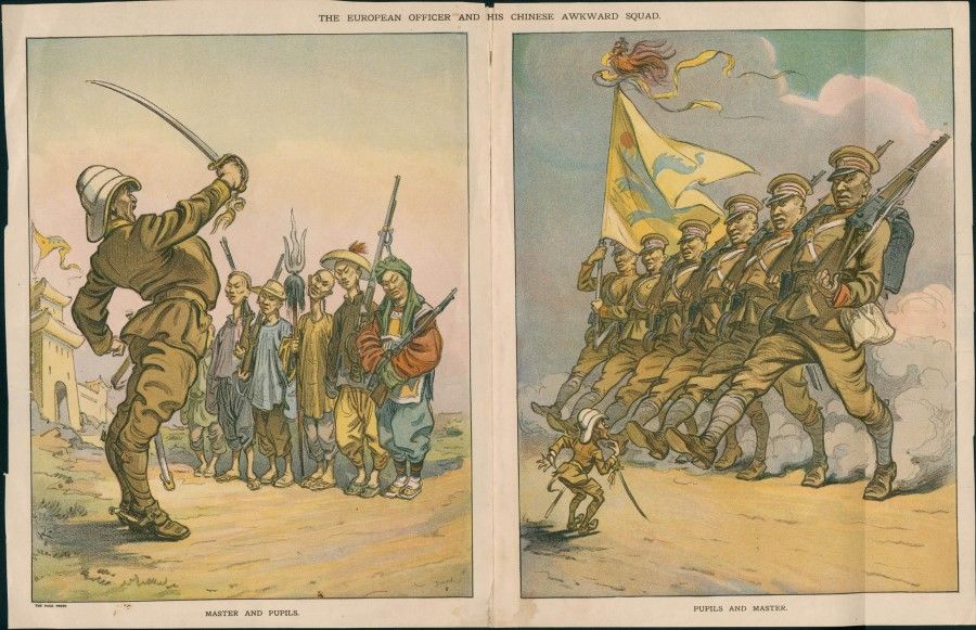 An illustration from a UK publication in the 1890s, titled "The European Officer and his Chinese Awkward Squad", with the left panel showing an European instructor training a motley group of Chinese soldiers, and the right panel showing the Chinese soldiers after they have been trained, a modern army stronger than their European instructor. The mentality of the Western countries invading China but still being afraid that China would become stronger than them was already there over 100 years ago.