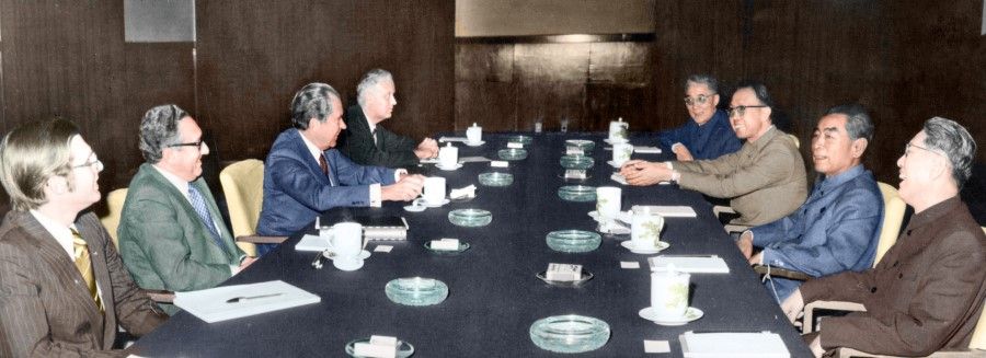In 1972, US President Nixon met Chinese Premier Zhou Enlai, after which they signed the Shanghai Communique. This was the prelude to diplomatic relations between the US and the PRC, and changed the global strategic situation. Second from left is US Secretary of State Henry Kissinger.