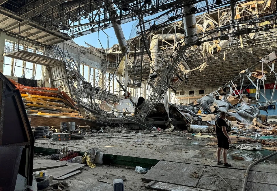 A man views the damage in a sports facility after a Russian missile strike, amid Russia’s attack on Ukraine, in Kharkiv, Ukraine, 1 September 2024.  (Vitalii Hnidyi/Reuters)