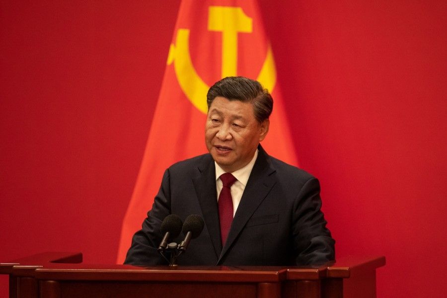 Xi Jinping, China's president, delivers a speech during the presentation of the new Standing Committee of the Politburo of the Chinese Communist Party at the Great Hall of the People in Beijing, China, on 23 October 2022. President Xi Jinping stacked China's most powerful body with his allies, giving him unfettered control over the world's second-largest economy. (Bloomberg)