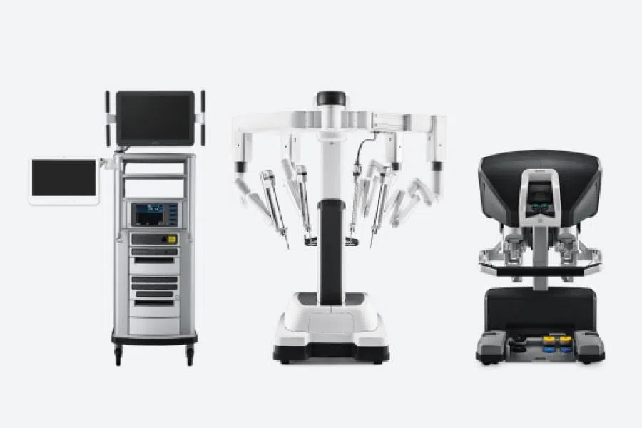 The da Vinci X robot surgery system, consisting of a vision cart, patient cart and surgeon console. (intuitive.com website)