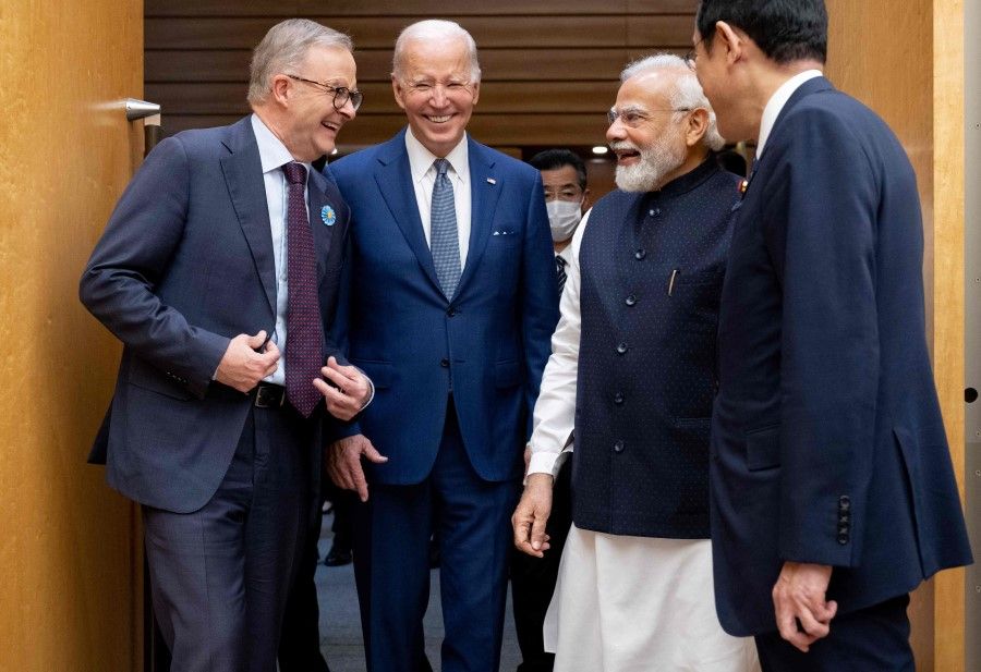 (From left) Australian Prime Minister Anthony Albanese, US President Joe Biden, Indian Prime Minister Narendra Modi and Japanese Prime Minister Fumio Kishida arrive for their meeting during the Quad leaders' summit at Kantei in Tokyo on 24 May 2022. (Saul Loeb/AFP)