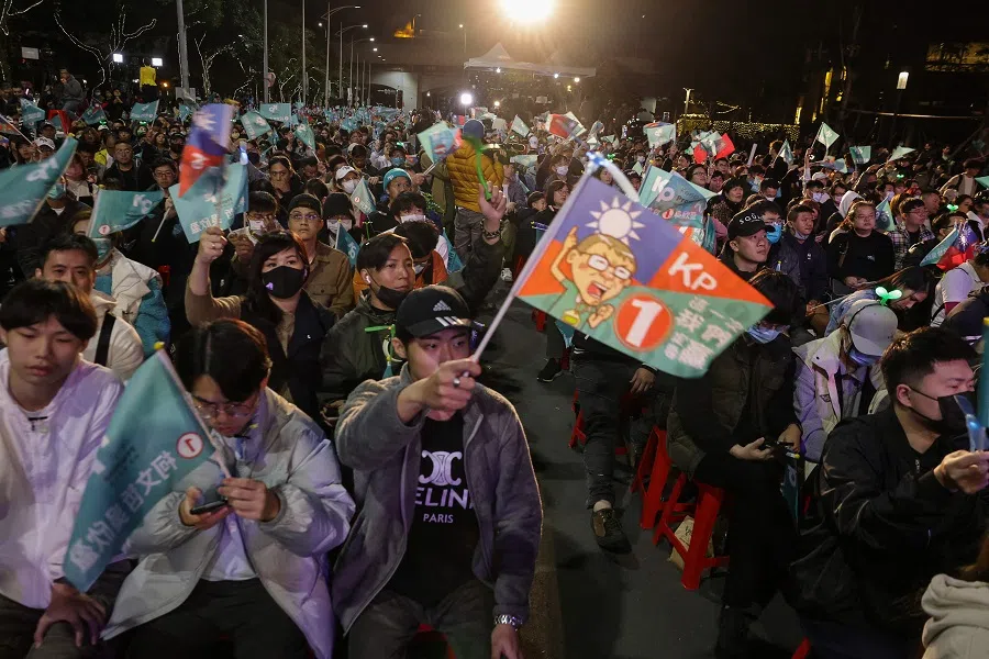 Supporters of Taiwan People's Party (TPP) presidential candidate Ko Wen-je wait for the results in the presidential election at the TPP headquarters in Xinzhuang in New Taipei City on 13 January 2024. (I-Hwa Cheng/AFP)