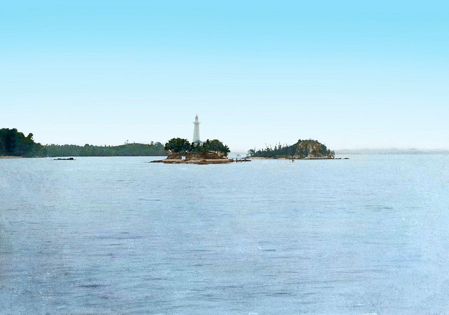 Raffles Lighthouse, 1900s. It was built in 1854 on Singapore's southernmost island and named after Sir Thomas Stamford Raffles, who developed Singapore.