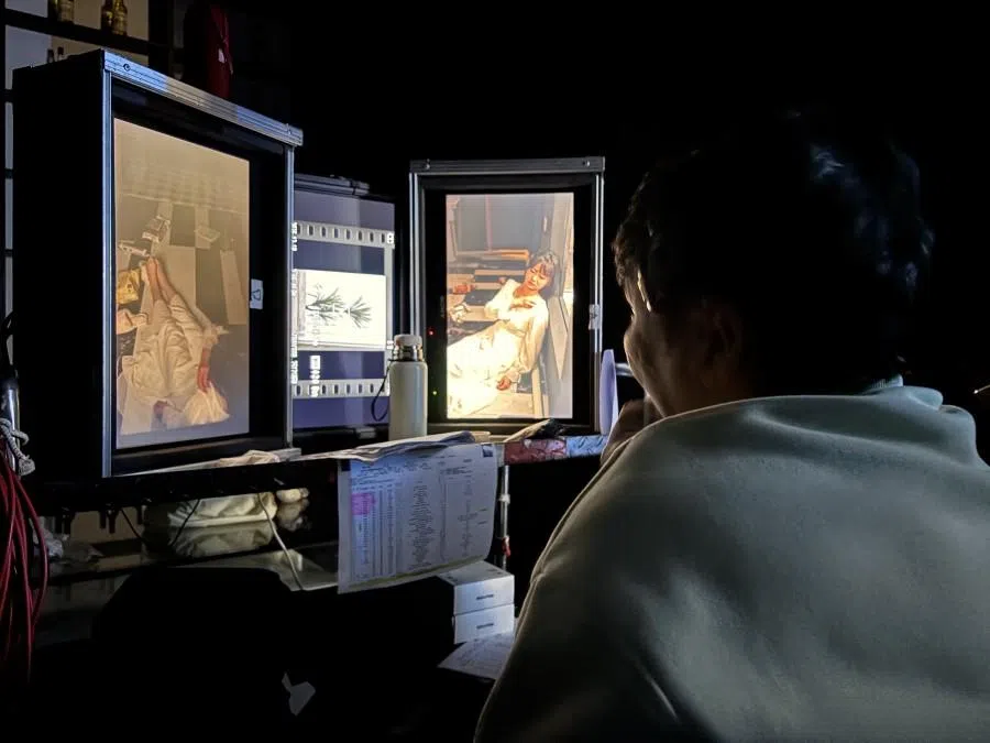 Reviewing rushes on screen.