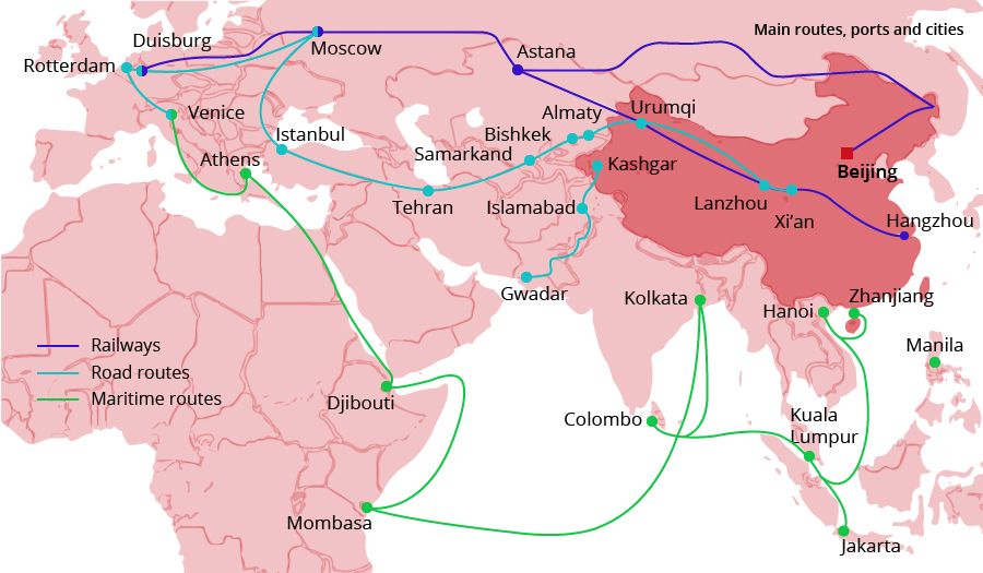 A map of BRI networks extending across continents. (Image: Jace Yip)