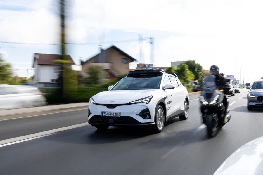 A Verne driverless robotaxi powered by Pony.ai drives down a road in Zagreb on 13 October 2026.