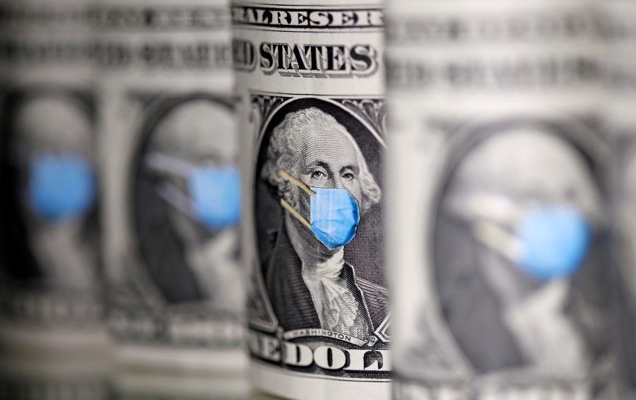 George Washington is seen with printed medical mask on the one Dollar banknotes in this illustration, 31 March 2020. (Dado Ruvic/REUTERS)