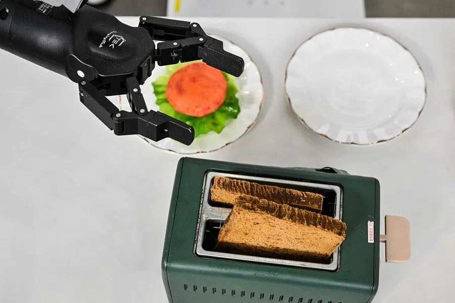 A robot from AgiBot controlled by a remote puts bread in a toaster during the Global Developer Conference, organised by the Shanghai AI Industry Association, in Shanghai, China on 21 February 2025. (Hector Retamal/AFP)