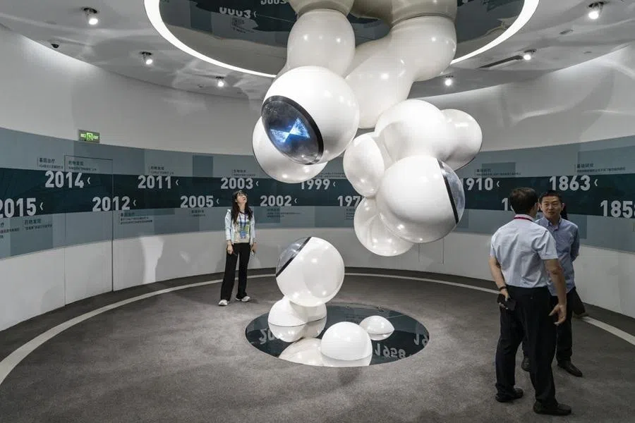 A visitor looks at a display in the exhibition hall at the Beijing Bio² Innovation Center in Beijing, China, on 30 May 2026.