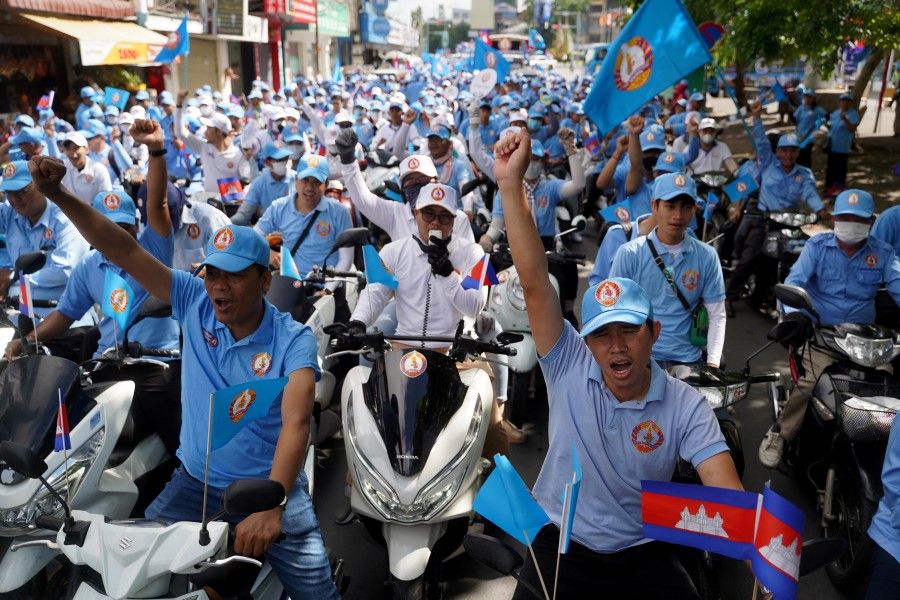 Supporters of Cambodia's Prime Minister Hun Sen and the Cambodian People's Party (CPP) attend an election campaign for the upcoming national election in Phnom Penh, Cambodia, on 1 July 2023. (Cindy Liu/Reuters)