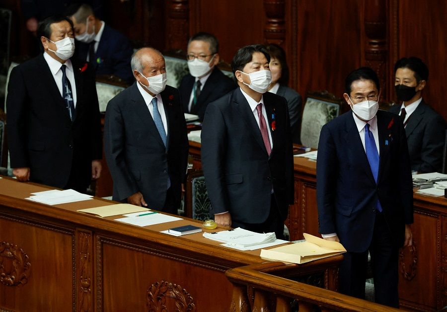 (right to left) Japan's Prime Minister Fumio Kishida, Foreign Minister Yoshimasa Hayashi, Finance Minister Shunichi Suzuki and Defense Minister Yasukazu Hamada attend an extraordinary session at the lower house of parliament in Tokyo, Japan, 3 October 2022. (Issei Kato/Reuters)