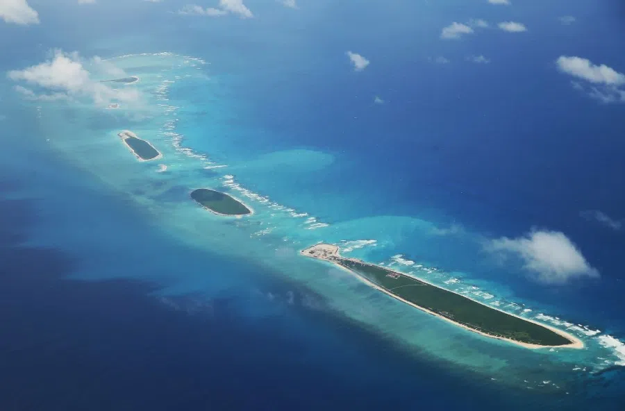 An aerial view of Qilianyu islands in the Paracel chain, which China considers part of Hainan province on 10 August 2018. (AFP)
